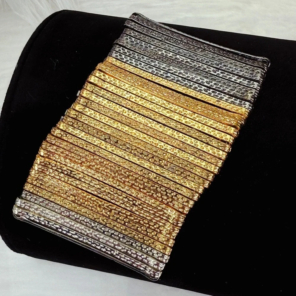 Silvertone aged Goldtone, black gunmetal wide band stretch bracelet